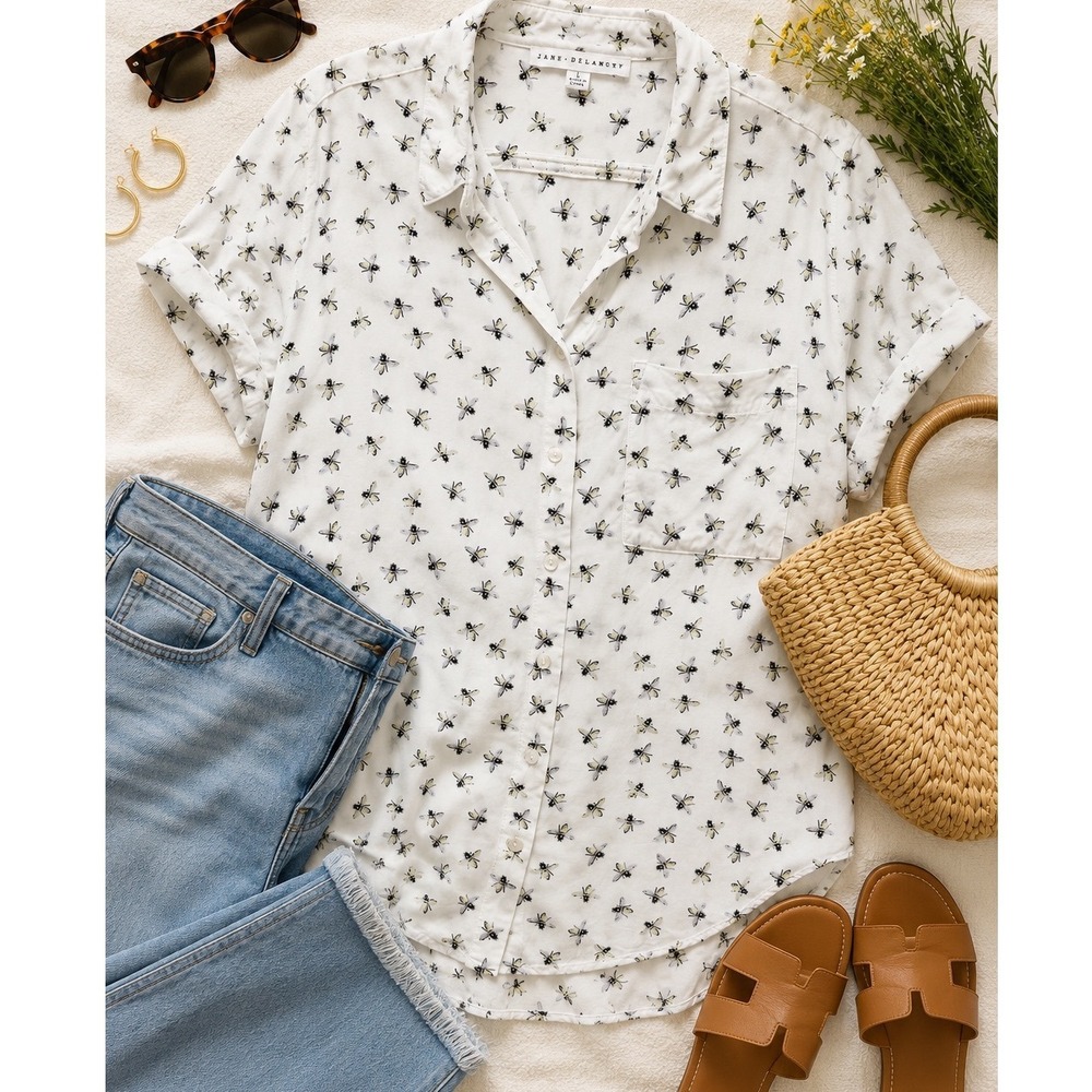 Jane + Delancey Womens Bee Print Short Sleeve Button Down Shirt White Large